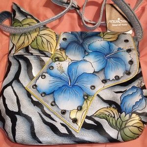 NWT Hand Painted Anuschka Flowered Handbag.